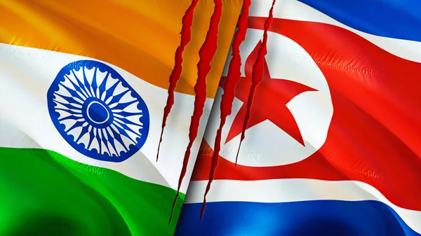 India and North Korea flags with scar concept. Waving flag,3D rendering. India and North Korea conflict concept. India North Korea relations concept. flag of India and North Korea crisis,war, attac