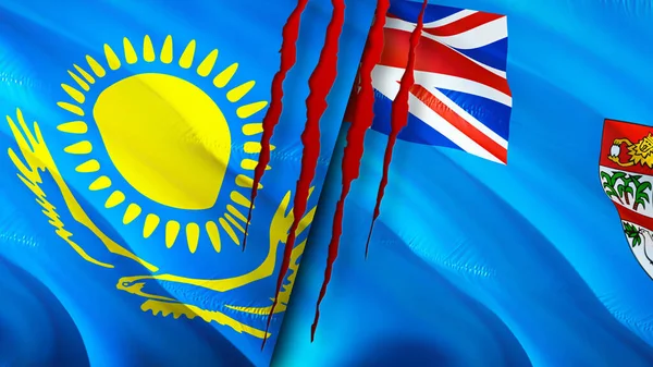 哈萨克斯坦和斐济的国旗带有伤疤概念 飘扬的旗帜 3D渲染 哈萨克斯坦和斐济冲突概念 哈萨克斯坦斐济关系概念 哈萨克斯坦和斐济的国旗危机 — 图库照片