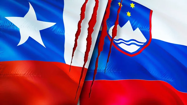 Chile and Slovenia flags with scar concept. Waving flag,3D rendering. Chile and Slovenia conflict concept. Chile Slovenia relations concept. flag of Chile and Slovenia crisis,war, attack concep