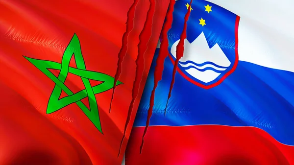 Morocco and Slovenia flags with scar concept. Waving flag,3D rendering. Morocco and Slovenia conflict concept. Morocco Slovenia relations concept. flag of Morocco and Slovenia crisis,war, attac