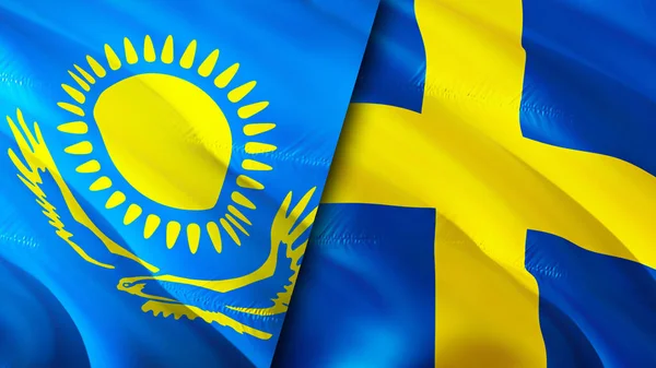 Σημαίες Καζακστάν Και Σουηδίας Σχεδιασμός Τρισδιάστατης Κυματιστή Σημαίας Καζακστάν Σουηδία — Φωτογραφία Αρχείου