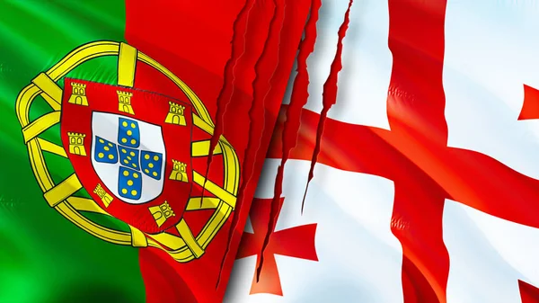Portekiz Gürcistan Bayraklarında Yara Izi Var Dalgalanan Bayrak Boyutlu Görüntüleme — Stok fotoğraf