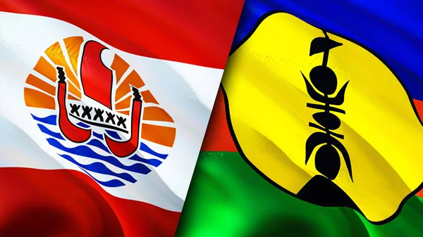 Fahnen Französisch Polynesiens Und Neukaledoniens Fahnenschwenken Französisch Polynesien Neukaledonien Flagge — Stockfoto