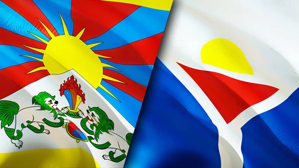 Tibet and Saint Martin flags with scar concept. Waving flag,3D rendering. Tibet and Saint Martin conflict concept. Tibet Saint Martin relations concept. flag of Tibet and Saint Martin crisis,war