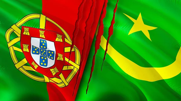 Portekiz Moritanya Bayraklarında Yara Izi Var Dalgalanan Bayrak Boyutlu Görüntüleme — Stok fotoğraf