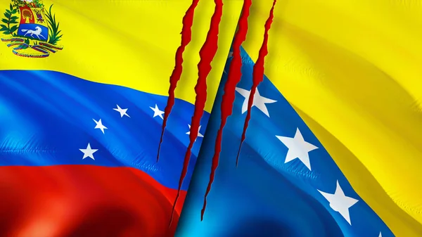 委内瑞拉和波斯尼亚和黑塞哥维那带有伤疤概念的国旗 飘扬的旗帜 3D渲染 委内瑞拉与波斯尼亚和黑塞哥维那冲突概念 委内瑞拉波斯尼亚和黑塞哥维那关系概念 — 图库照片