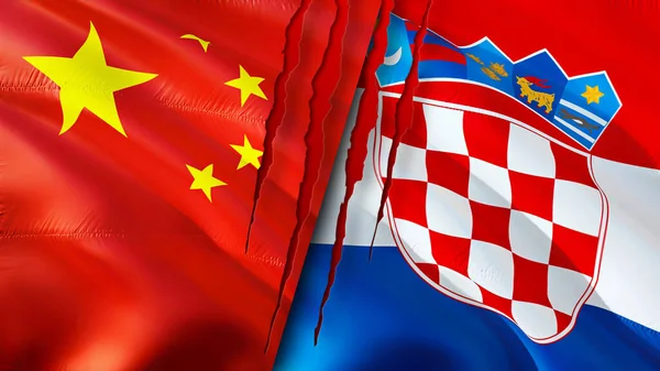 China and Croatia flags with scar concept. Waving flag,3D rendering. China and Croatia conflict concept. China Croatia relations concept. flag of China and Croatia crisis,war, attack concep