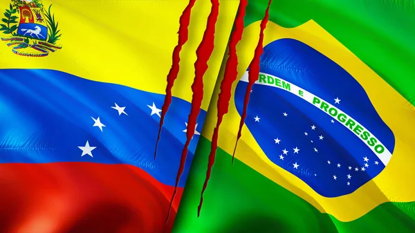 Venezuela Und Brasilien Flaggen Mit Narbenkonzept Fahnenschwenken Rendering Venezuela Und — Stockfoto