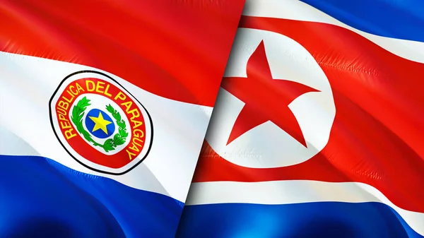 Paraguay and North Korea flags. 3D Waving flag design. Paraguay North Korea flag, picture, wallpaper. Paraguay vs North Korea image,3D rendering. Paraguay North Korea relations alliance an