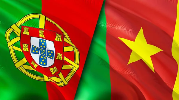 葡萄牙和喀麦隆的国旗 3D波浪旗帜设计 葡萄牙喀麦隆国旗 葡萄牙对喀麦隆的图像 3D渲染 葡萄牙喀麦隆关系联盟与贸易 — 图库照片