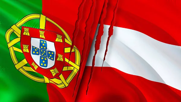 Portugal and Austria flags with scar concept. Waving flag,3D rendering. Portugal and Austria conflict concept. Portugal Austria relations concept. flag of Portugal and Austria crisis,war, attac