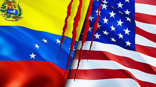 Venezuela and United States flags with scar concept. Waving flag,3D rendering. Venezuela and United States conflict concept. Venezuela United States relations concept. flag of Venezuela and Unite