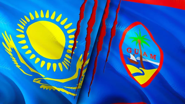 Kazakhstan and Guam flags with scar concept. Waving flag,3D rendering. Kazakhstan and Guam conflict concept. Kazakhstan Guam relations concept. flag of Kazakhstan and Guam crisis,war, attack concep