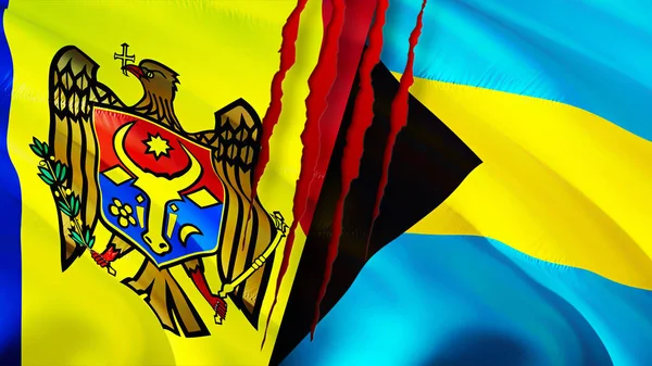 Moldávia Bahamas Bandeiras Com Cicatriz Conceito Bandeira Ondulada Renderização Conceito — Fotografia de Stock