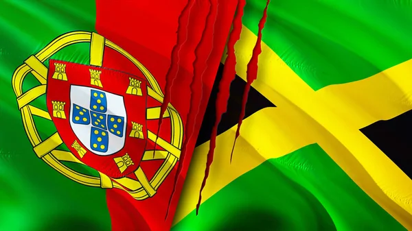 Portekiz Jamaika Bayraklarında Yara Izi Var Dalgalanan Bayrak Boyutlu Görüntüleme — Stok fotoğraf