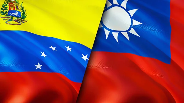 Venezuela and Taiwan flags. 3D Waving flag design. Venezuela Taiwan flag, picture, wallpaper. Venezuela vs Taiwan image,3D rendering. Venezuela Taiwan relations alliance and Trade,travel,touris