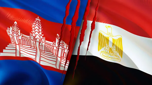 Cambodia and Egypt flags with scar concept. Waving flag,3D rendering. Cambodia and Egypt conflict concept. Cambodia Egypt relations concept. flag of Cambodia and Egypt crisis,war, attack concep