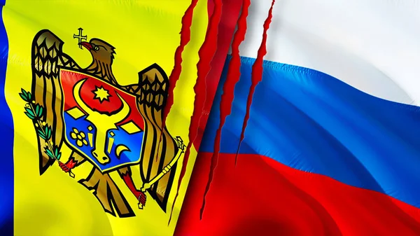 Moldova and Russia flags with scar concept. Waving flag,3D rendering. Moldova and Russia conflict concept. Moldova Russia relations concept. flag of Moldova and Russia crisis,war, attack concep