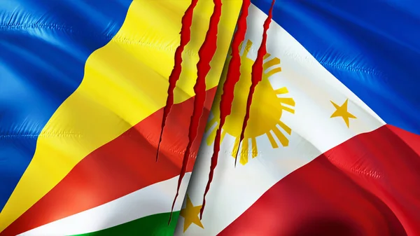 Seychelles and Philippines flags with scar concept. Waving flag,3D rendering. Seychelles and Philippines conflict concept. Seychelles Philippines relations concept. flag of Seychelles an