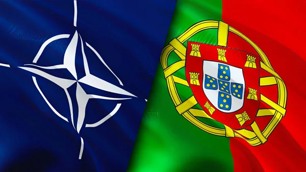 NATO and Portugal flags. 3D Waving flag design. Portugal NATO flag, picture, wallpaper. NATO vs Portugal image,3D rendering. NATO Portugal relations alliance and Trade,travel,tourism concep