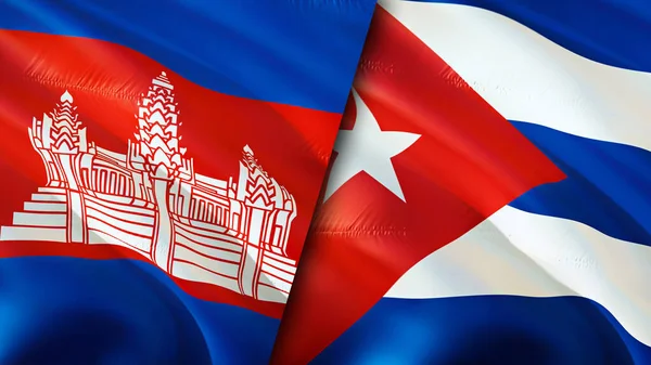 Bandeiras Camboja Cuba Acenando Design Bandeira Camboja Cuba Bandeira Foto — Fotografia de Stock