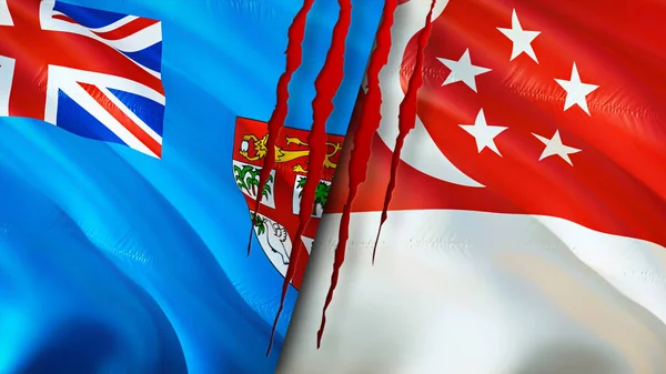 斐济和新加坡国旗上有疤痕的概念 飘扬的旗帜 3D渲染 斐济和新加坡冲突概念 斐济新加坡关系概念 斐济和新加坡的国旗危机 — 图库照片