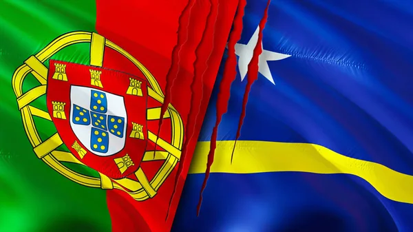 ポルトガルとキュラソーの国旗には傷の概念がある 旗を振って3Dレンダリング ポルトガルとキュラソーの紛争の概念 ポルトガル キュラソー関係の概念 ポルトガルとキュラソーの旗危機戦争攻撃 — ストック写真
