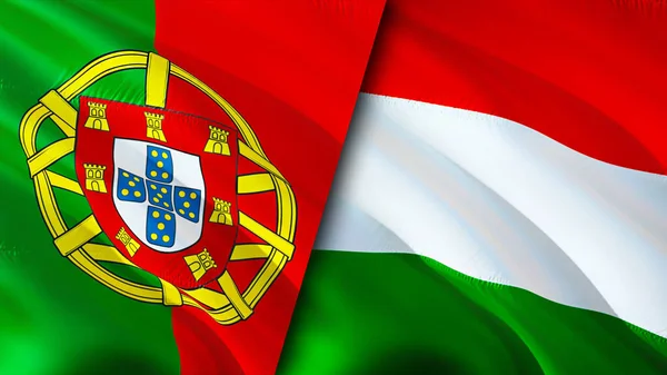 Portekiz Macaristan Bayrakları Boyutlu Dalgalanan Bayrak Tasarımı Portekiz Macaristan Bayrağı — Stok fotoğraf