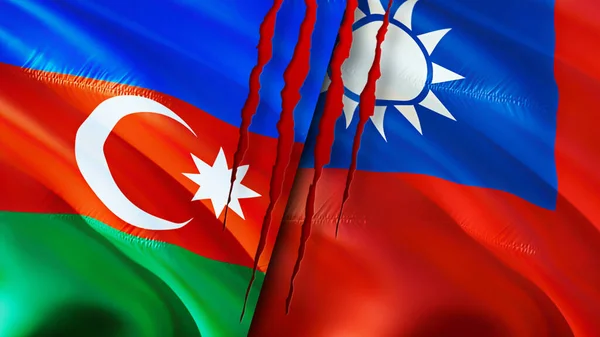 Azerbaijan and Taiwan flags with scar concept. Waving flag,3D rendering. Azerbaijan and Taiwan conflict concept. Azerbaijan Taiwan relations concept. flag of Azerbaijan and Taiwan crisis,war, attac