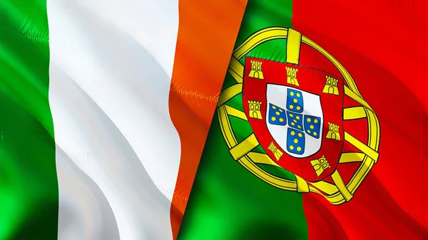 Ireland and Portugal flags. 3D Waving flag design. Ireland Portugal flag, picture, wallpaper. Ireland vs Portugal image,3D rendering. Ireland Portugal relations war alliance concept.Trade, touris