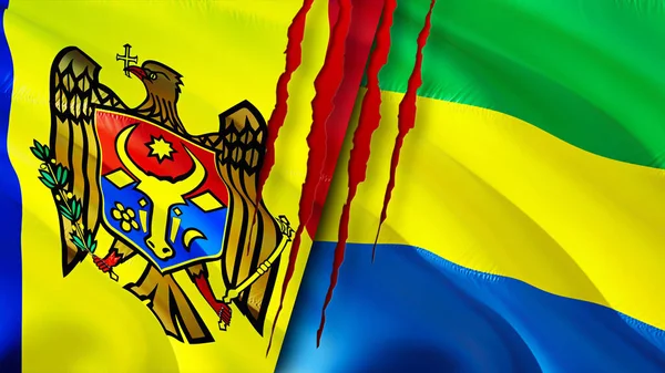 Moldova Gabon Прапори Концепцією Шрамів Розмахуючи Прапором Рендеринг Moldova Gabon — стокове фото