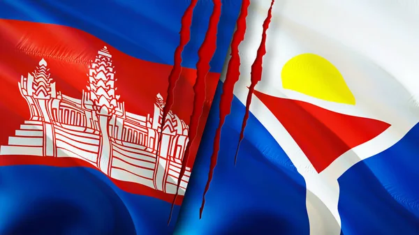 Cambodia and Saint Martin flags with scar concept. Waving flag,3D rendering. Cambodia and Saint Martin conflict concept. Cambodia Saint Martin relations concept. flag of Cambodia and Saint Marti