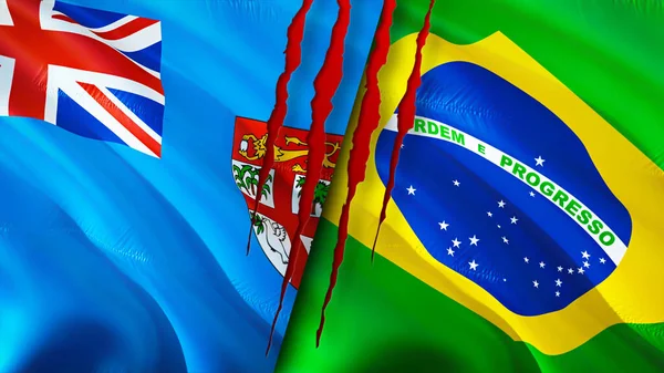 Fiji and Brazil flags with scar concept. Waving flag,3D rendering. Fiji and Brazil conflict concept. Fiji Brazil relations concept. flag of Fiji and Brazil crisis,war, attack concep