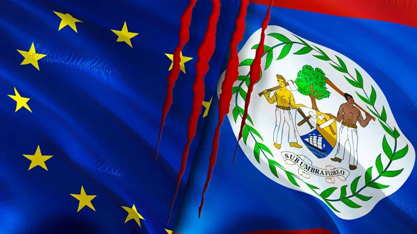 European Union and Belize flags with scar concept. Waving flag,3D rendering. European Union and Belize conflict concept. European Union Belize relations concept. flag of European Union and Beliz