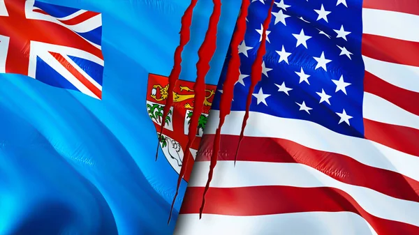 Fiji and United States flags with scar concept. Waving flag,3D rendering. Fiji and United States conflict concept. Fiji United States relations concept. flag of Fiji and United States crisis,war