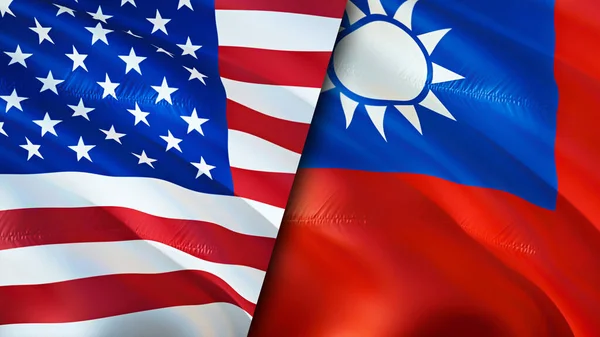 USA and Taiwan flags. 3D Waving flag design. USA Taiwan flag, picture, wallpaper. USA vs Taiwan image,3D rendering. USA Taiwan relations alliance and Trade,travel,tourism concep