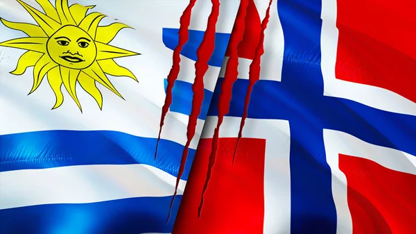 Uruguay and Norway flags with scar concept. Waving flag,3D rendering. Uruguay and Norway conflict concept. Uruguay Norway relations concept. flag of Uruguay and Norway crisis,war, attack concep