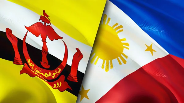 Brunei and Philippines flags. 3D Waving flag design. Brunei Philippines flag, picture, wallpaper. Brunei vs Philippines image,3D rendering. Brunei Philippines relations alliance an