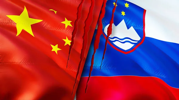 Фарфор Флаги Словении Шрамом Размахивание Флагом Рендеринг Концепция Конфликта Китая — стоковое фото