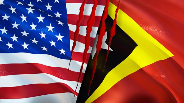 USA and East Timor flags with scar concept. Waving flag,3D rendering. USA and East Timor conflict concept. USA East Timor relations concept. flag of USA and East Timor crisis,war, attack concep