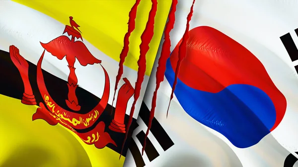 Brunei and South Korea flags with scar concept. Waving flag,3D rendering. Brunei and South Korea conflict concept. Brunei South Korea relations concept. flag of Brunei and South Korea crisis,war