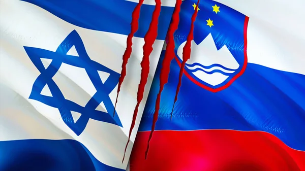 Israel and Slovenia flags with scar concept. Waving flag,3D rendering. Israel and Slovenia conflict concept. Israel Slovenia relations concept. flag of Israel and Slovenia crisis,war, attack concep