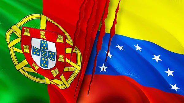 Portugal and Venezuela flags with scar concept. Waving flag,3D rendering. Portugal and Venezuela conflict concept. Portugal Venezuela relations concept. flag of Portugal and Venezuela crisis,war