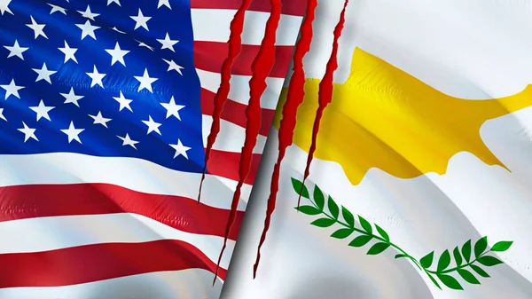 USA and Cyprus flags with scar concept. Waving flag,3D rendering. USA and Cyprus conflict concept. USA Cyprus relations concept. flag of USA and Cyprus crisis,war, attack concep