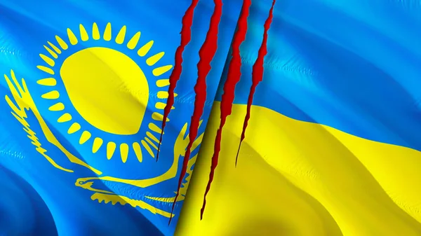 Kazakistan Ucraina Bandiere Con Concetto Cicatrice Bandiera Sventolante Rendering Kazakistan — Foto Stock