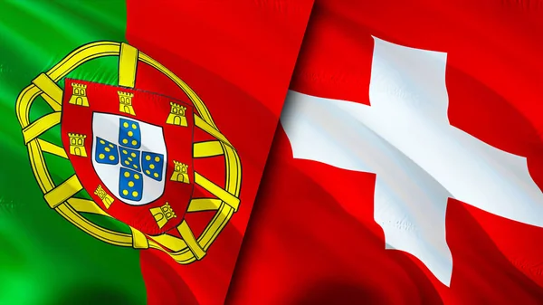 ポルトガルとスイスの国旗 3D波動旗のデザイン ポルトガルスイス国旗 ポルトガル対スイスの画像 3Dレンダリング ポルトガルスイスの関係 — ストック写真