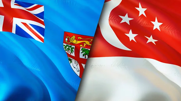 斐济和新加坡的国旗 3D波浪旗帜设计 斐济新加坡国旗 斐济对新加坡的图像 3D渲染 斐济新加坡关系联盟与贸易 — 图库照片