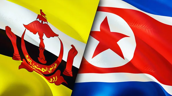 Brunei and North Korea flags. 3D Waving flag design. Brunei North Korea flag, picture, wallpaper. Brunei vs North Korea image,3D rendering. Brunei North Korea relations alliance an