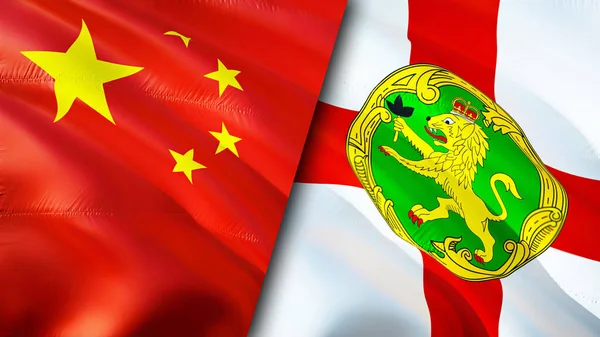 China and Alderney flags. 3D Waving flag design. China Alderney flag, picture, wallpaper. China vs Alderney image,3D rendering. China Alderney relations alliance and Trade,travel,tourism concep