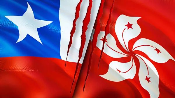 Chile and Hong Kong flags with scar concept. Waving flag,3D rendering. Chile and Hong Kong conflict concept. Chile Hong Kong relations concept. flag of Chile and Hong Kong crisis,war, attack concep